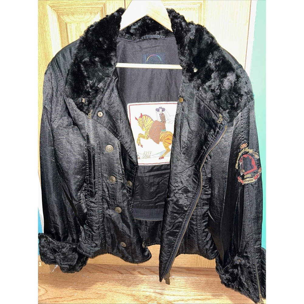 Bogner Jacket Women 10 Black Satin International Derby Cup Faux Fur Zip Cuff‎